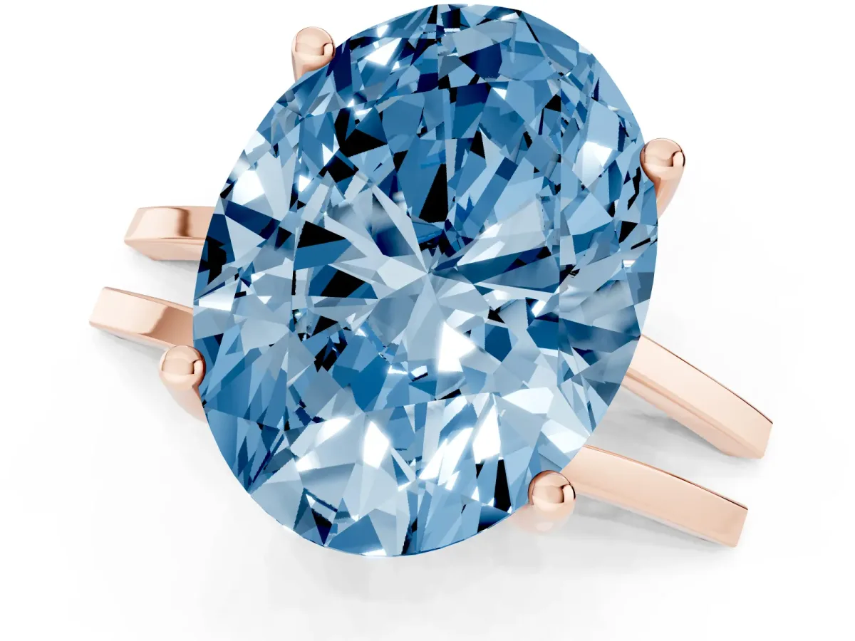 Fancy Blue Oval Cut Cut Diamond Solitaire Engagement Ring with Tapered Plain Band and Four-Prong Setting Rose gold