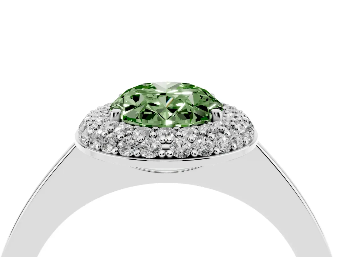 Fancy Green Oval Cut Halo Diamond Engagement Ring with Solitaire Band and Four-Prong Setting Platinum