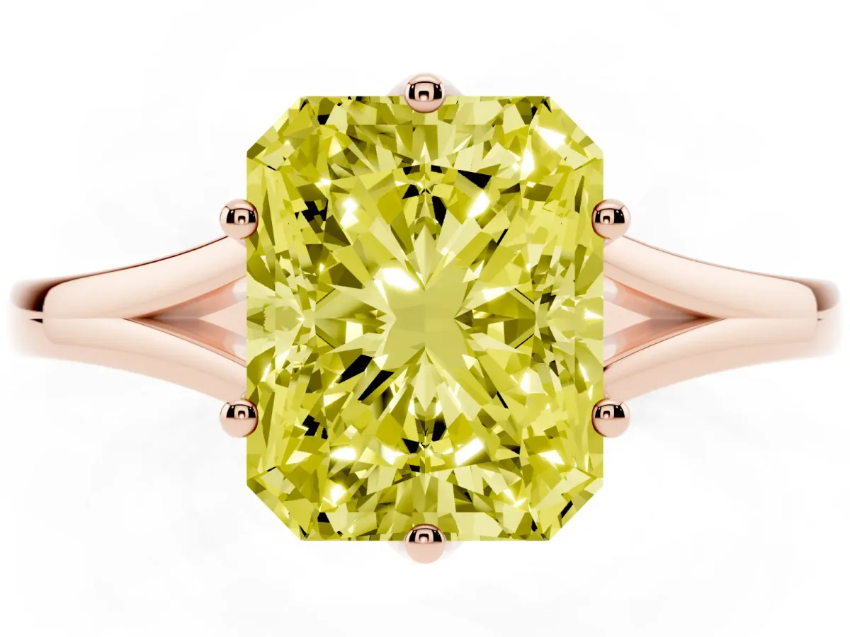 Fancy Yellow Radiant Cut Solitaire Diamond Ring with Six-Prong Setting and Tapered Band Rose gold
