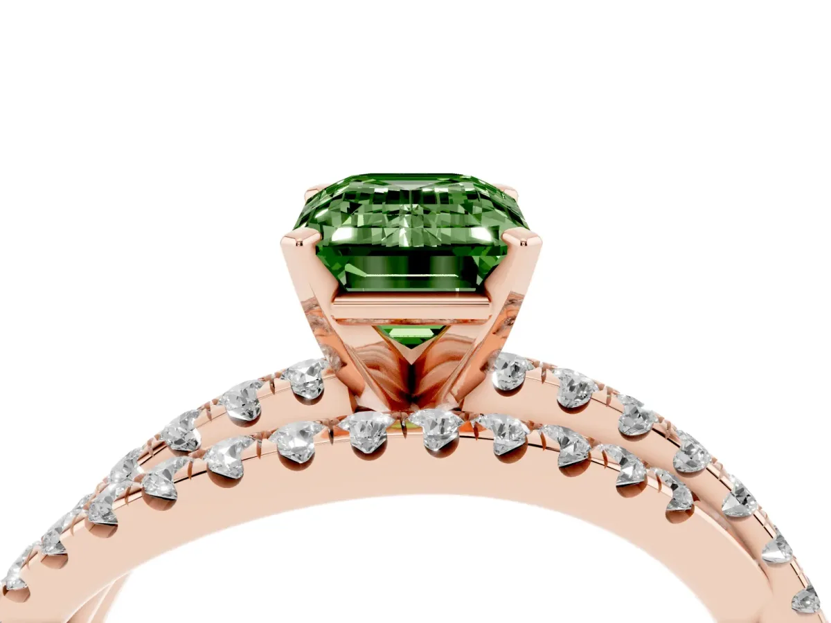 Fancy Green Emerald Cut Solitaire Twist Band with Pavé Setting and Four-Prong Setting Rose gold