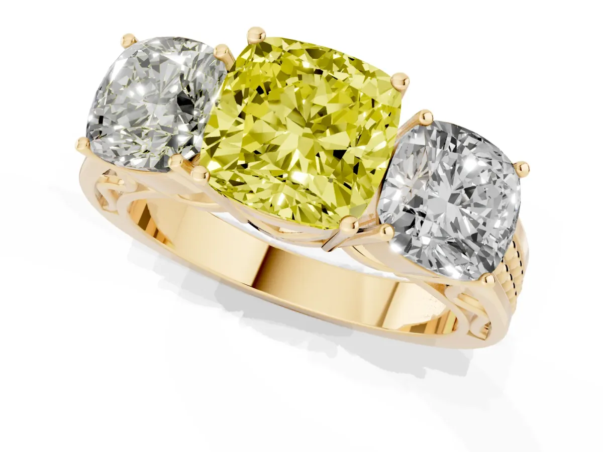 Fancy Yellow Cushion Cut Diamond Three-Stone Ring with Prong Setting and Textured Band Yellow gold