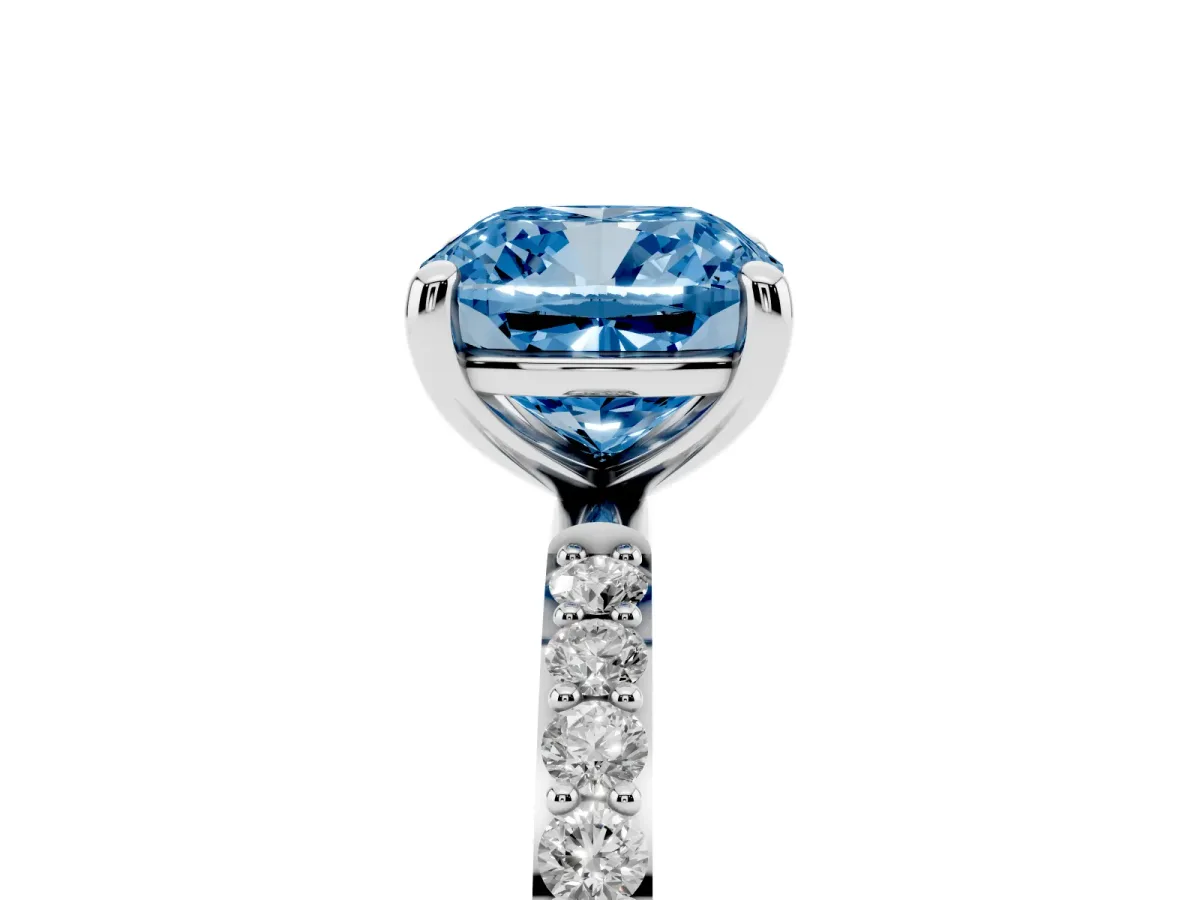 Fancy Blue Cushion Cut Diamond Solitaire Ring with Round Pavé Band and Prong Setting Silver