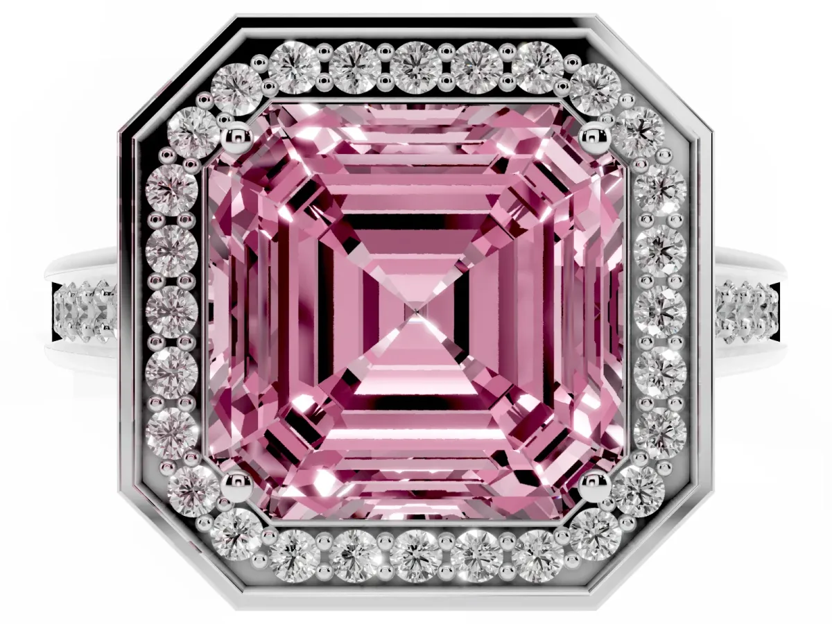 Fancy Pink Asscher Cut Halo Solitaire Diamond Ring with Pave Band and Bezel Setting Silver