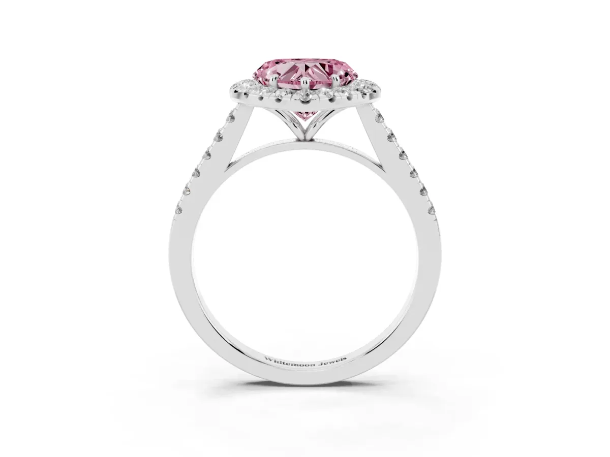 Fancy Pink Heart Cut Halo Pave Diamond Engagement Ring with Four-Prong Setting Platinum