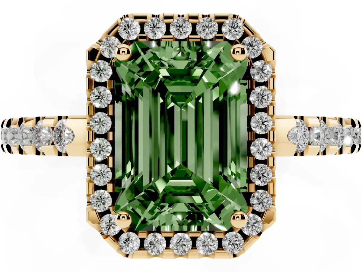 Fancy Green Emerald Cut Diamond Halo Engagement Ring with Pavé Band and Prong Setting Yellow gold