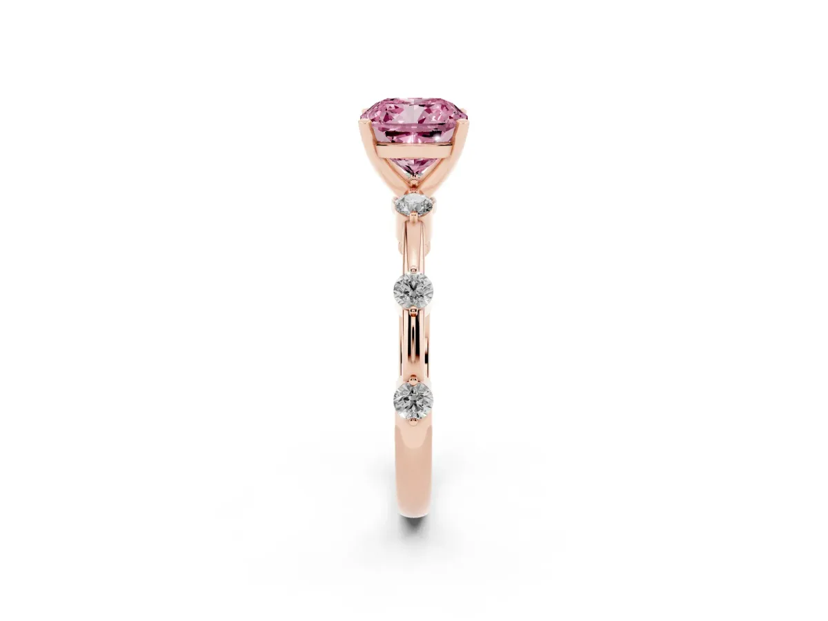 Fancy Pink Cushion Cut Solitaire Diamond Ring with Bezel Set Side Stones and Prong Setting Rose gold