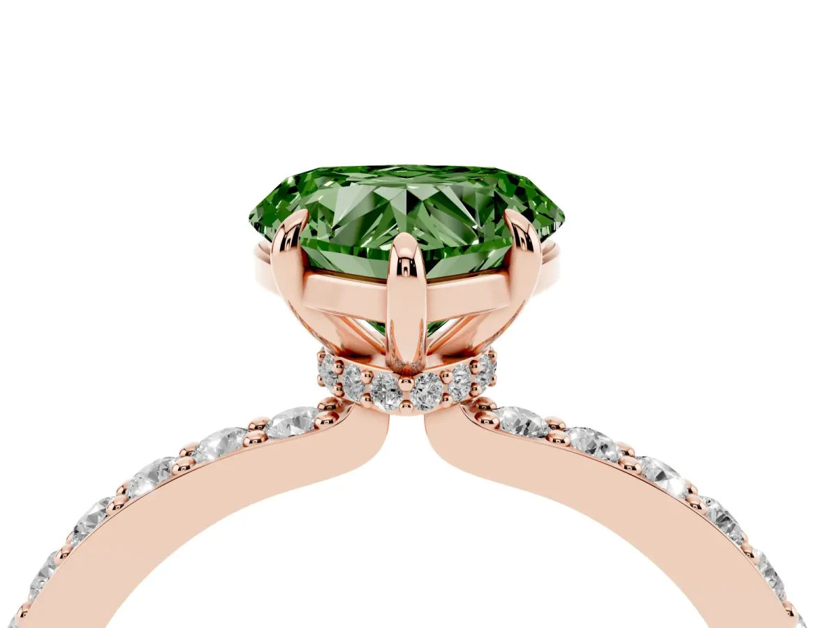 Fancy Green Heart Cut Diamond Pavé Engagement Ring with Round Accents and Prong Setting Rose gold