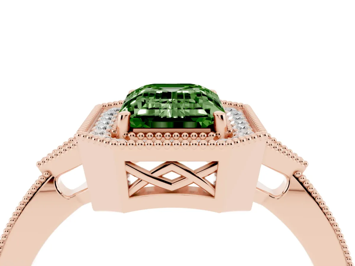Fancy Green Emerald Cut Halo Round Diamond Milgrain Pave Engagement Ring Rose gold