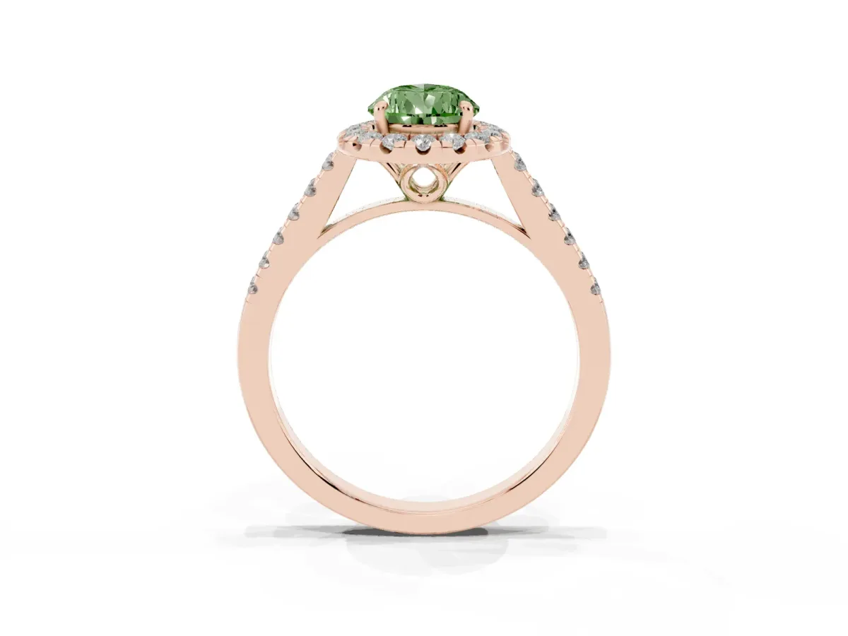 Fancy Green Pear Cut Halo Pavé Diamond Engagement Ring with Four-Prong Setting Rose gold
