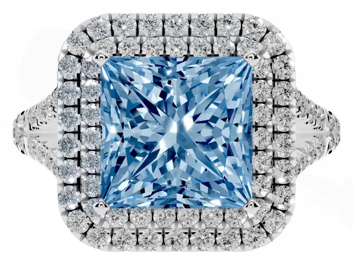 Fancy Blue Double Halo Princess Cut Diamond Split Shank Engagement Ring with Four-Prong Setting Platinum