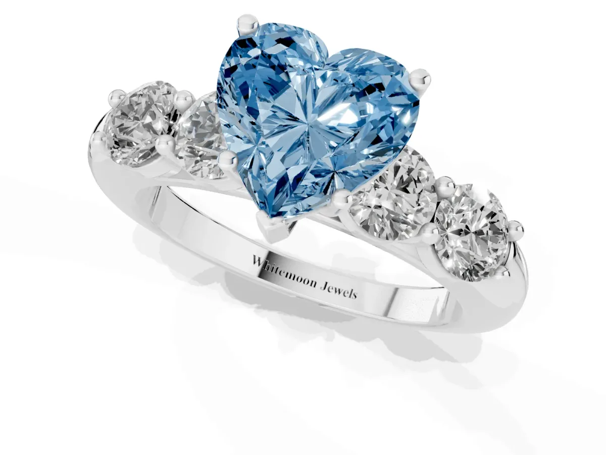 Fancy Blue Heart Cut Cut Five-Stone Prong Set Diamond Ring with Classic Band Silver