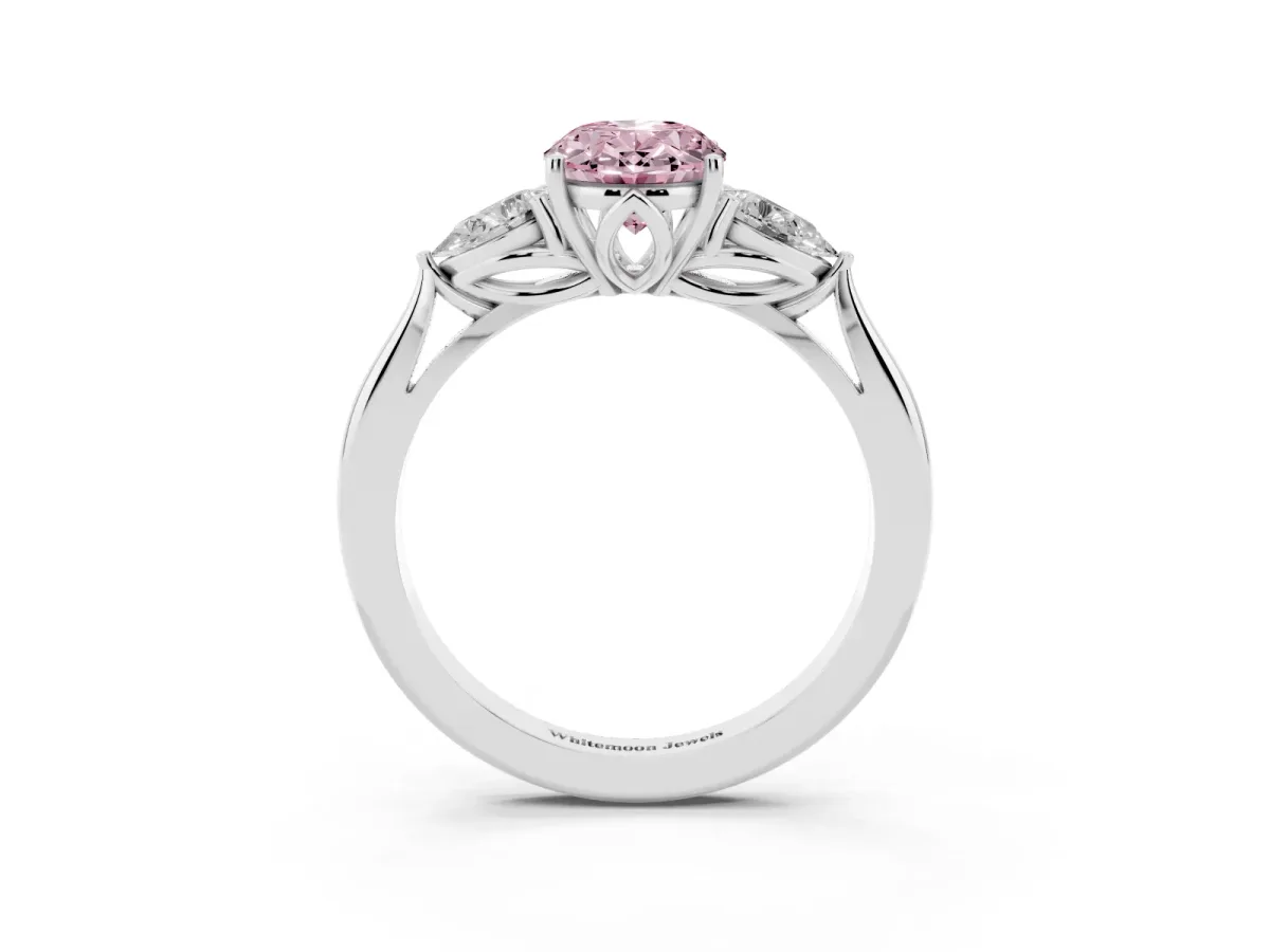 Fancy Pink Oval Cut Diamond Three-Stone Ring with Pear Side Stones and Prong Setting Silver