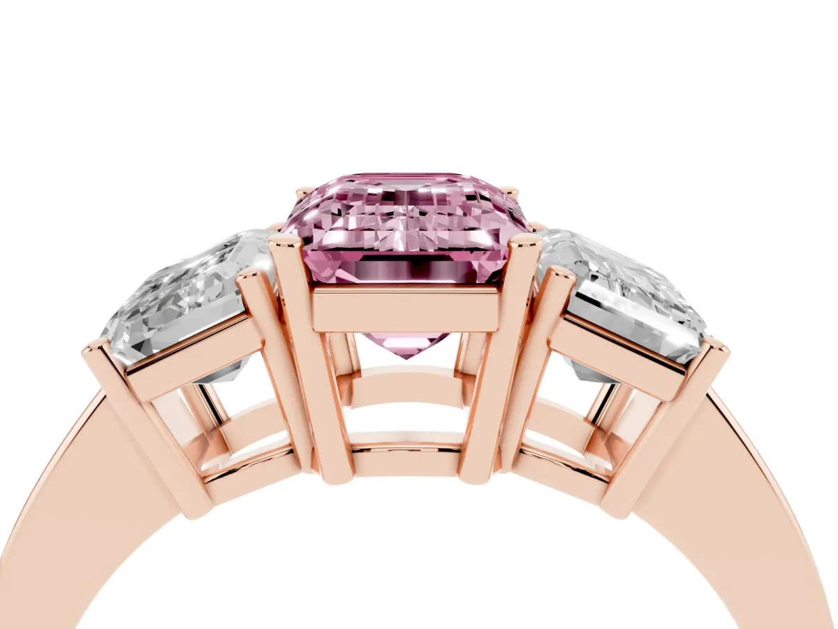 Fancy Pink Three-Stone Emerald Cut Cut Diamond Engagement Ring with Flat Band and Four-Prong Setting Rose gold