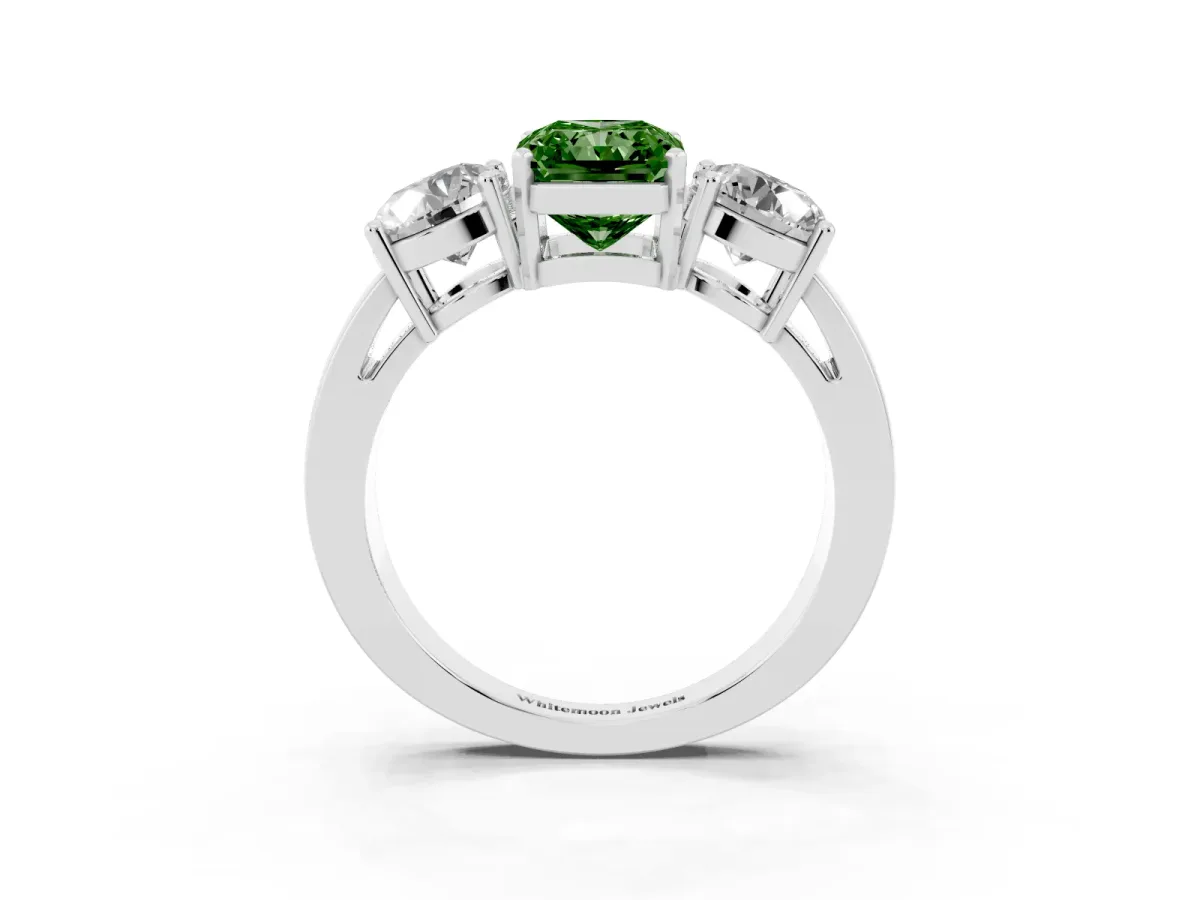 Fancy Green Three-Stone Radiant Cut Diamond Ring with Round Side Stones, Classic Band, and Four-Prong Setting White gold