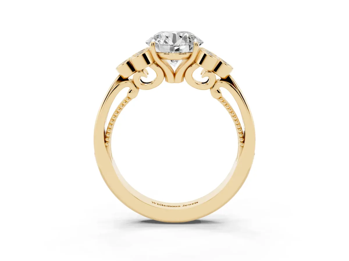 Round Cut Cut Diamond Engagement Ring with Bezel Set Round Side Stones and Prong Setting Yellow gold