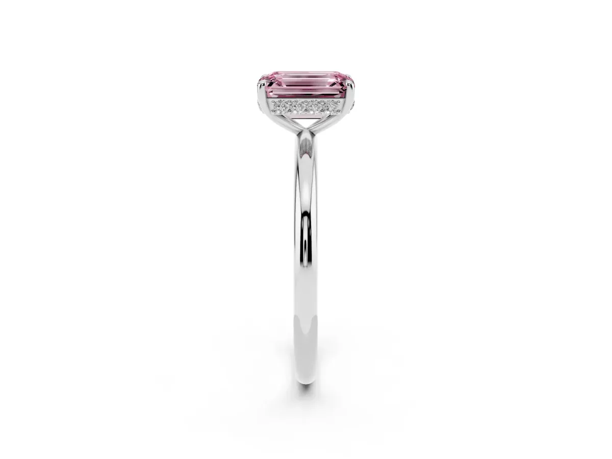 Fancy Pink Emerald Cut Solitaire Diamond Ring with a Classic Band and Four-Prong Setting Silver