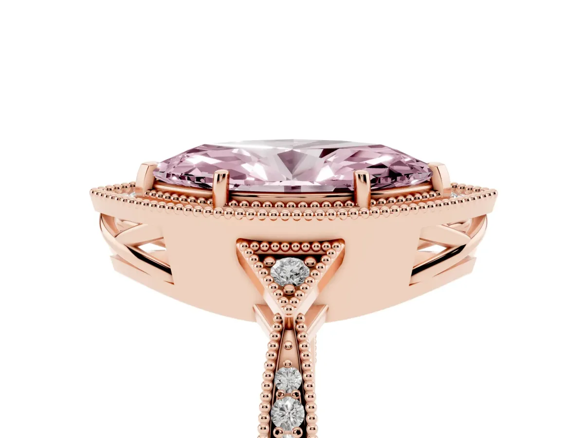 Fancy Pink Marquise Cut Halo Round Diamond Milgrain Pave Engagement Ring Rose gold