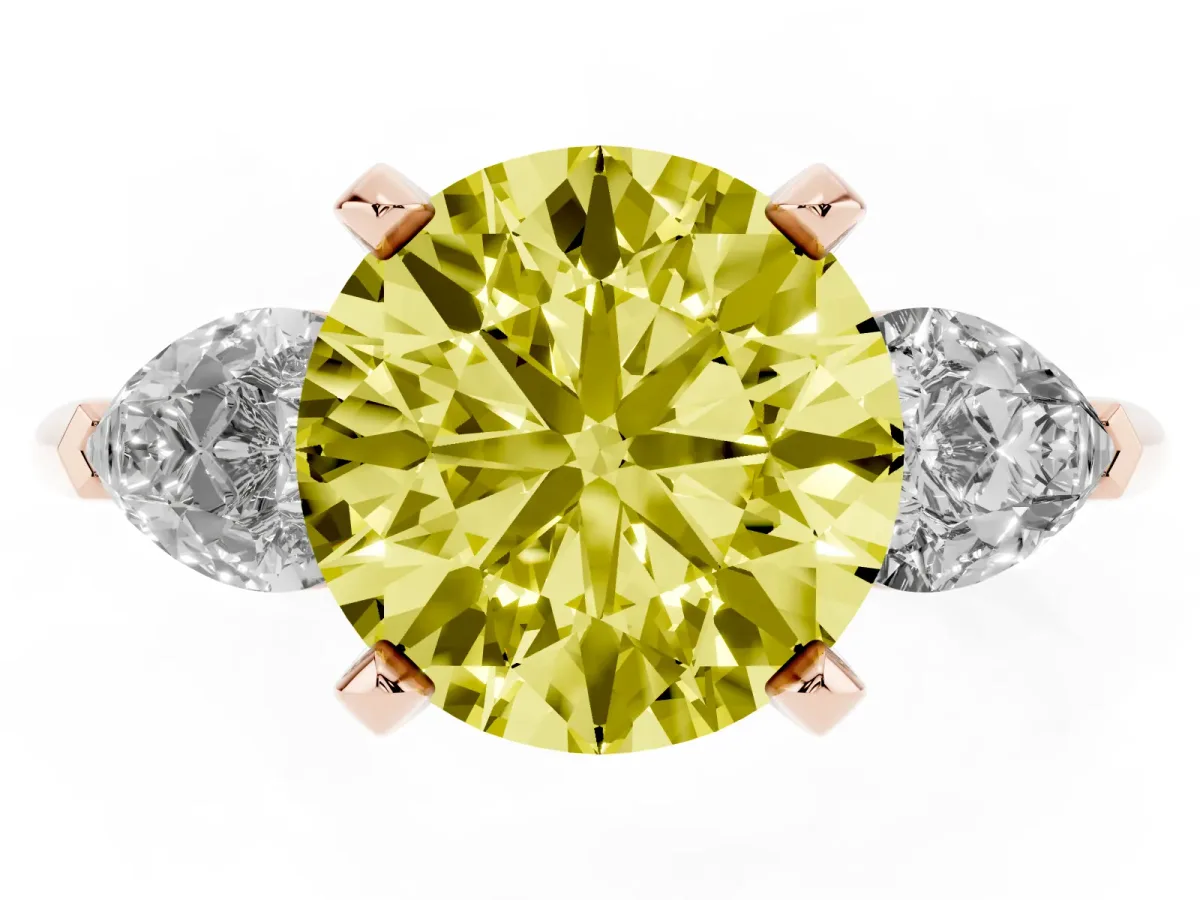 Fancy Yellow Three-Stone Round Cut Diamond Ring with Pear Side Stones and Four-Prong Setting Rose gold