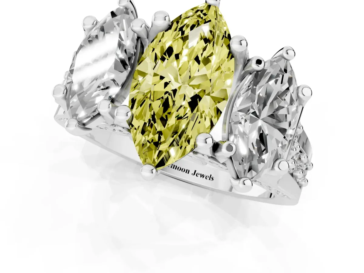 Fancy Yellow Marquise Cut Diamond Three-Stone Ring with Channel Set Band and Four-Prong Setting Silver