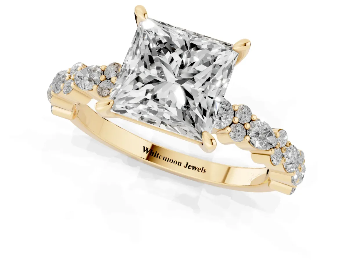 Princess Cut Diamond Side Stone Solitaire Ring with Round and Four-Prong Setting Yellow gold