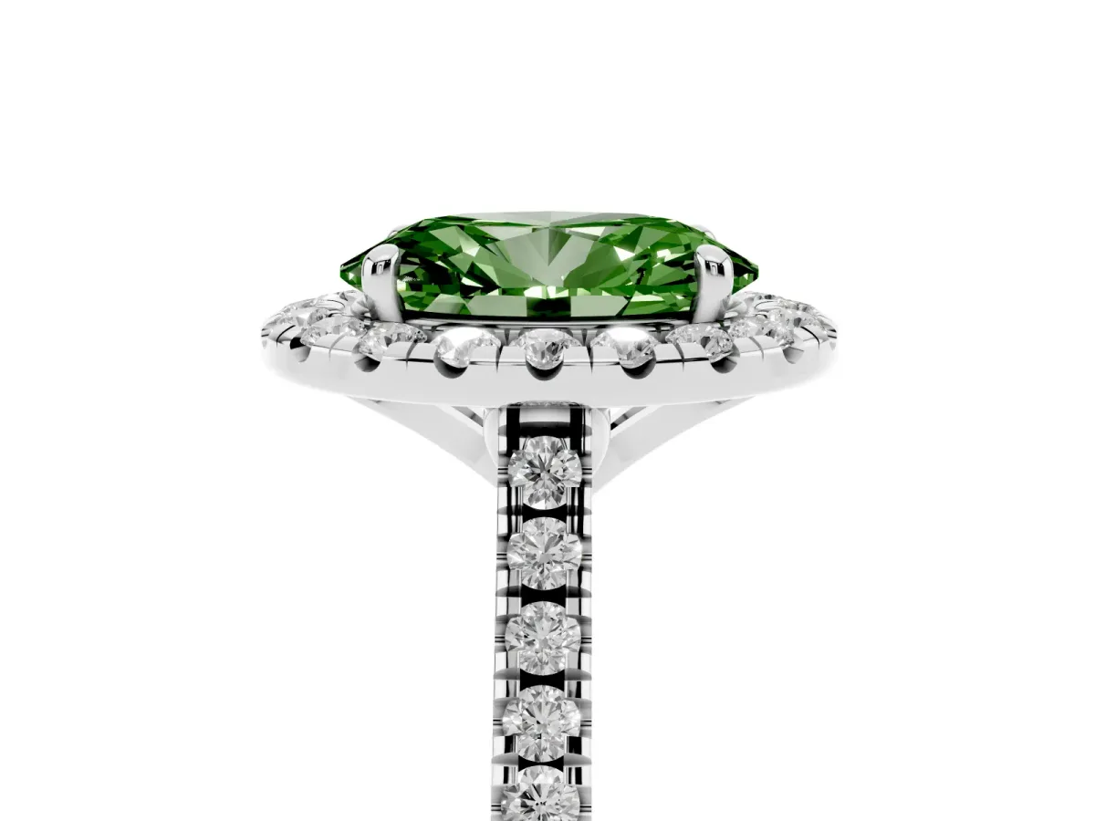 Fancy Green Oval Cut Diamond Cushion Halo Ring with Pavé Band Platinum
