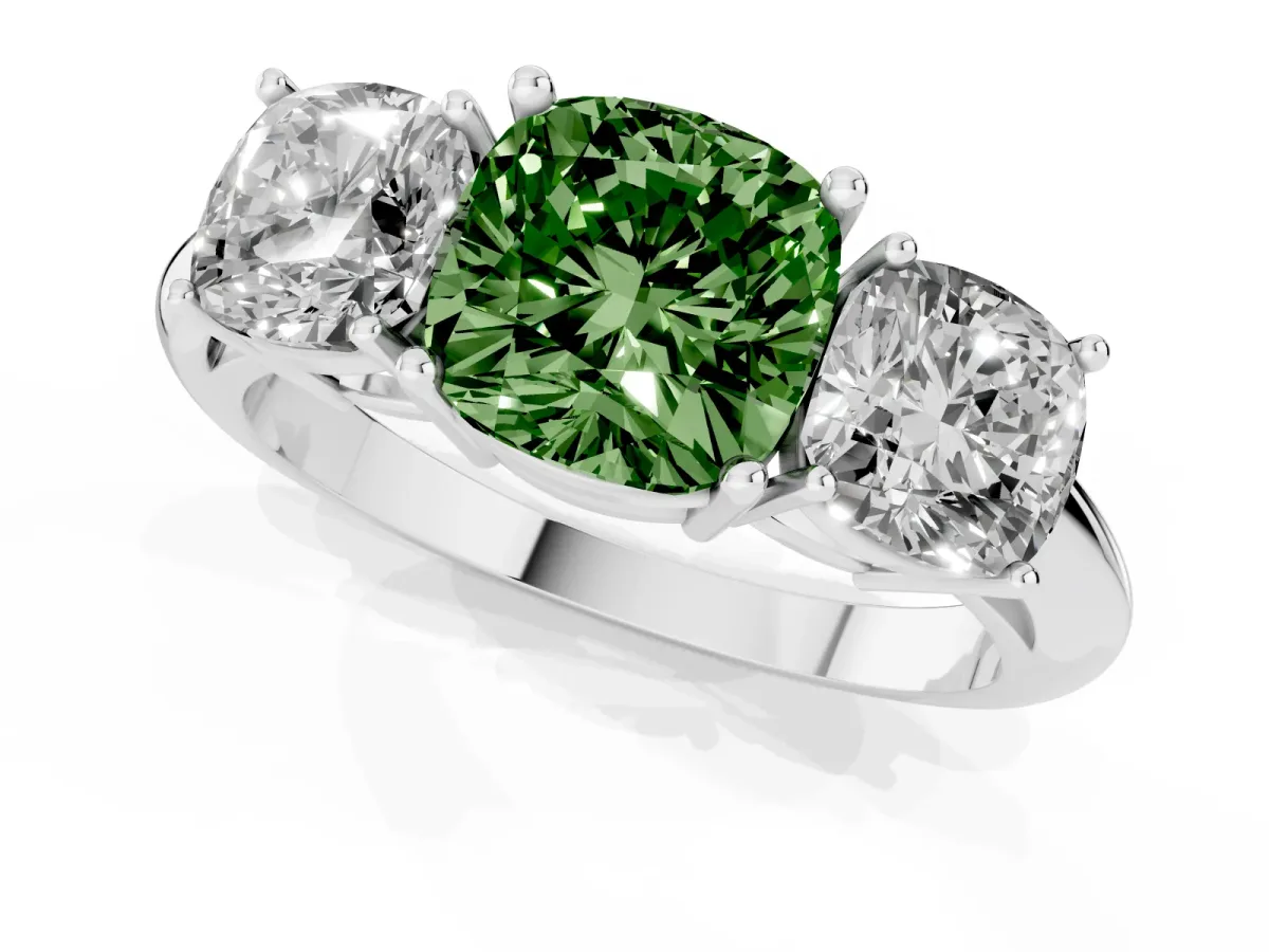 Fancy Green Three-Stone Cushion Cut Cut Diamond Engagement Ring with Prong Setting on a White Gold Band White gold