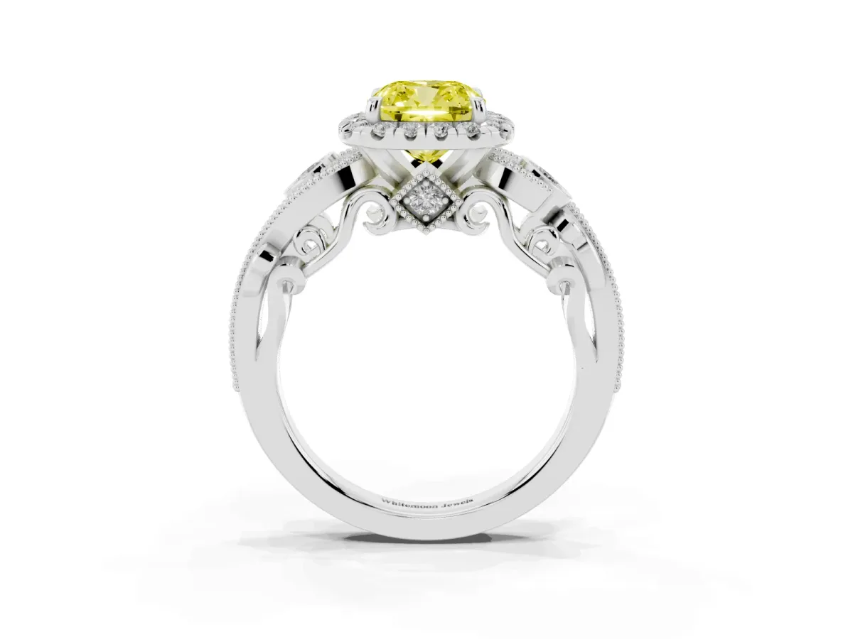 Fancy Yellow Cushion Cut Diamond Halo Ring with Milgrain Pavé Band and Four-Prong Setting Silver