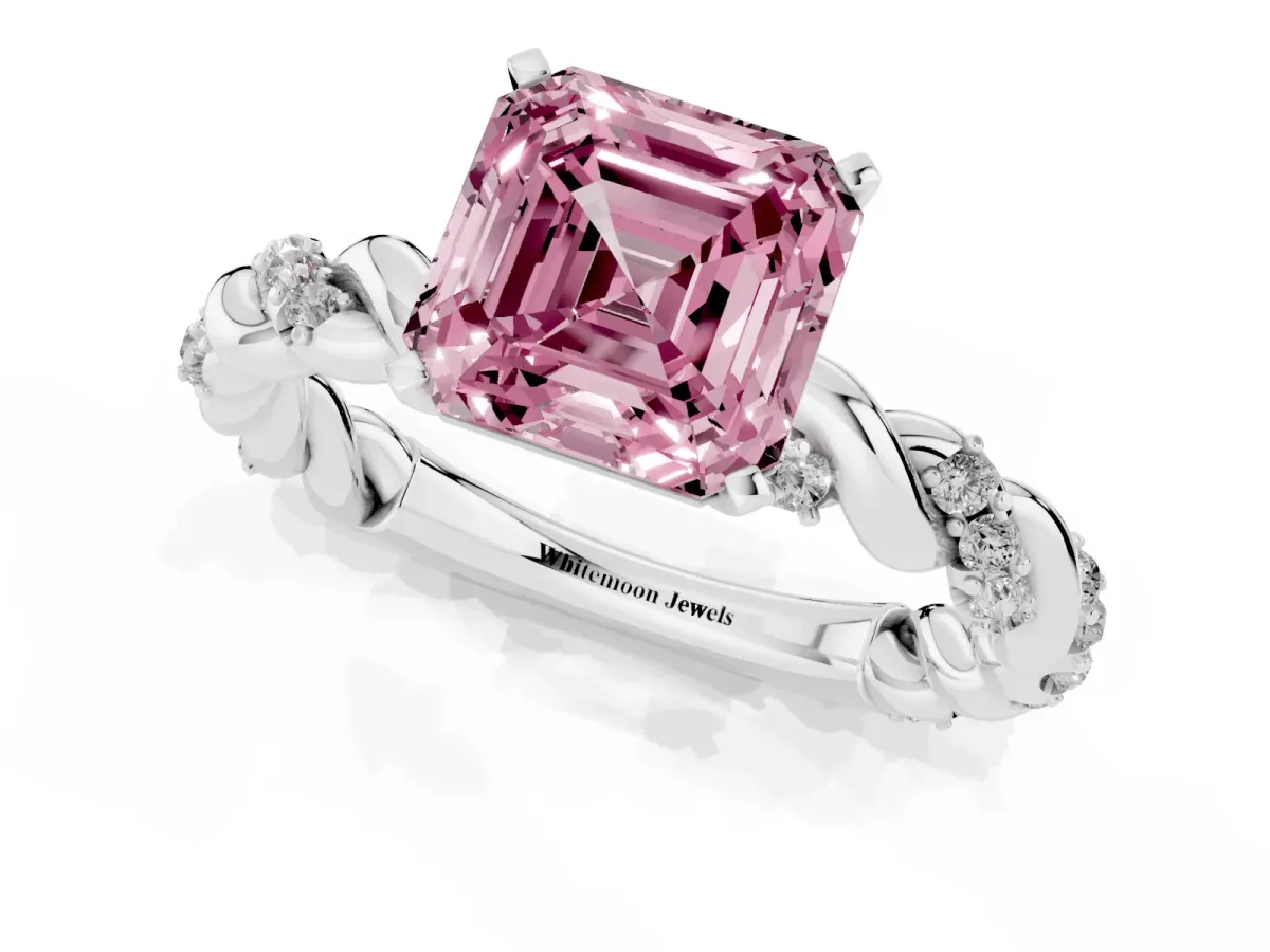 Fancy Pink Asscher Cut Diamond Solitaire Ring with Twisted Band and Pavé Accents Silver