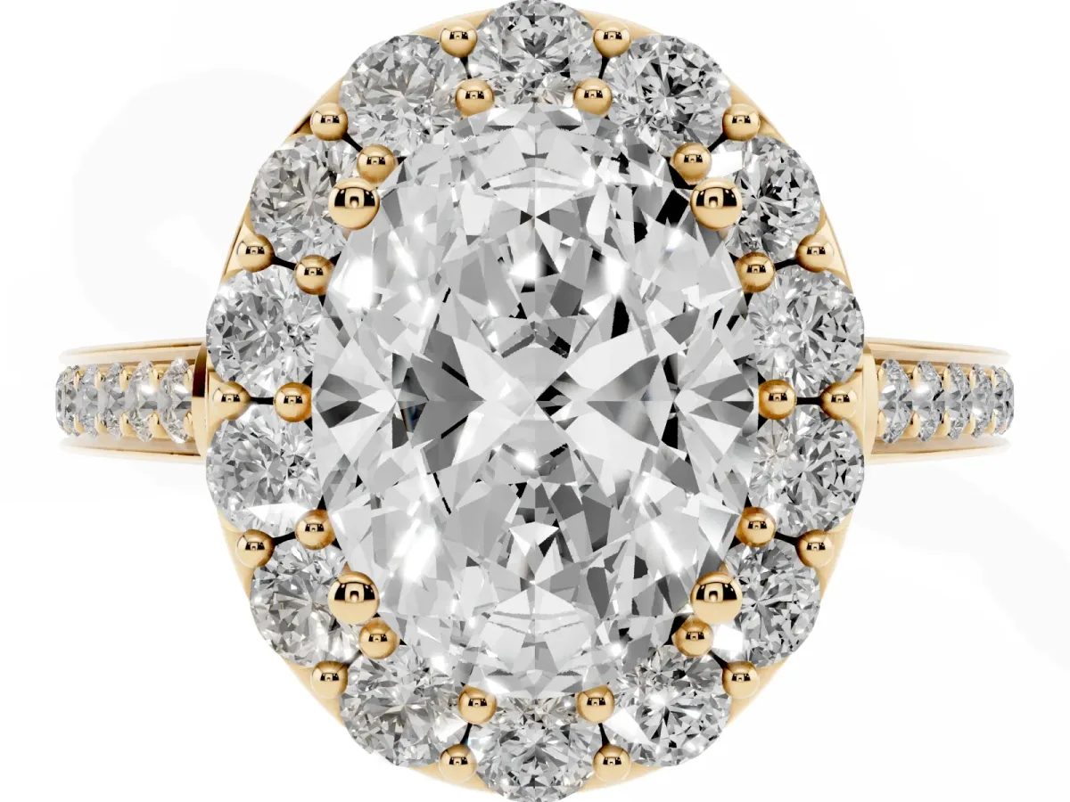 Oval Cut Diamond Floral Halo Ring with Pavé Band and Prong Setting Yellow gold