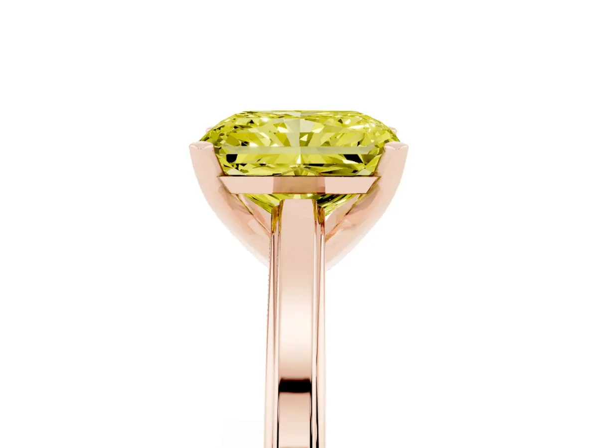 Fancy Yellow Radiant Cut Solitaire Diamond Ring with Four-Prong Setting and Classic Band Rose gold