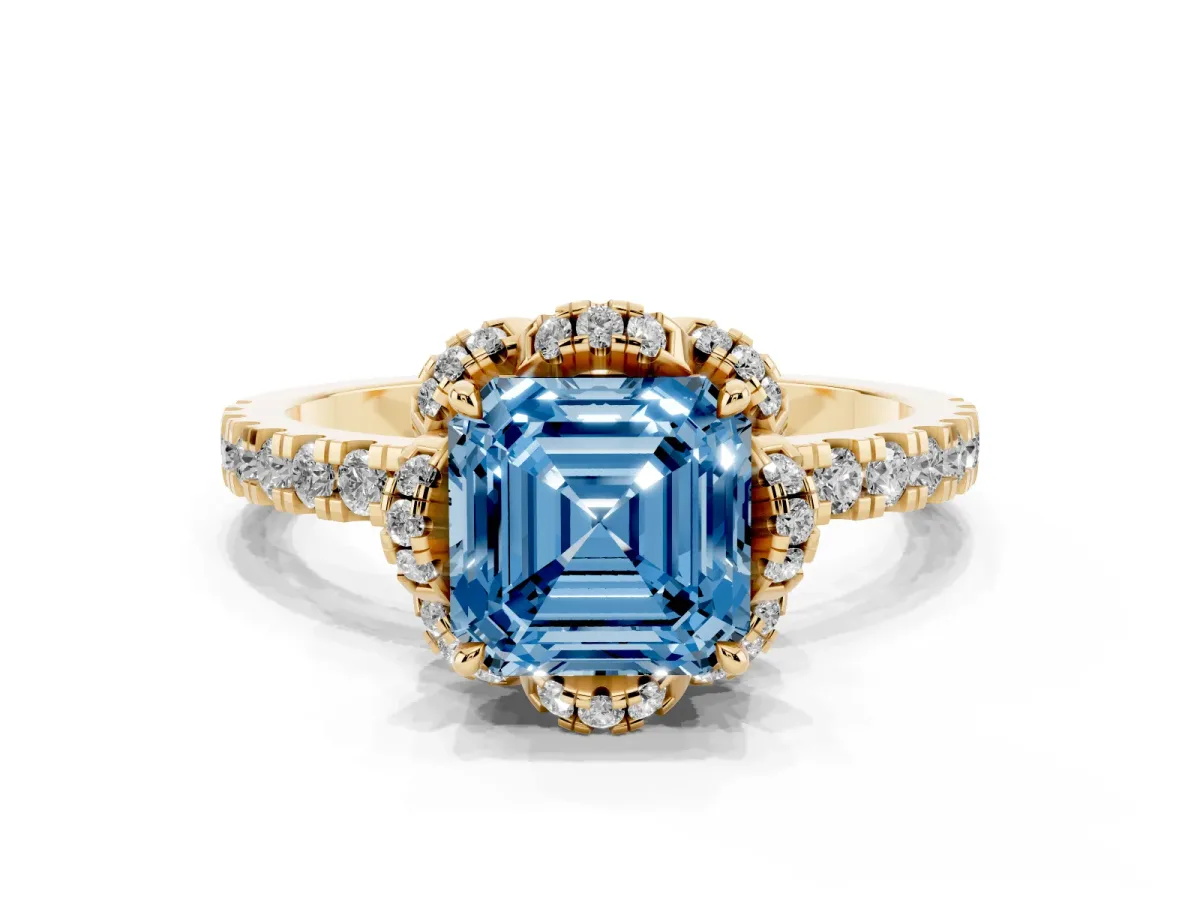 Fancy Blue Asscher Cut Diamond Halo Pave Band with Four-Prong Setting Yellow gold