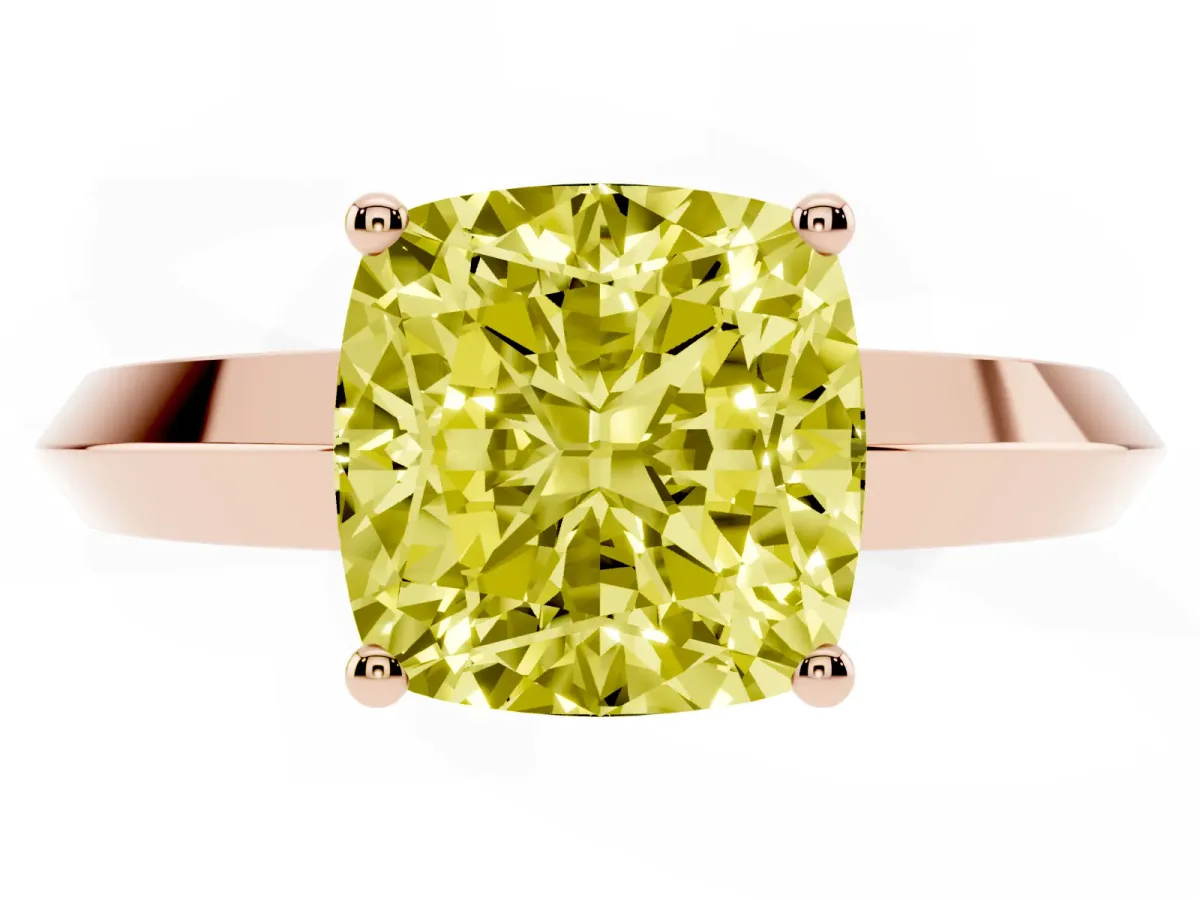 Fancy Yellow Cushion Cut Cut Solitaire Engagement Ring with Flat Band and Four-Prong Setting Rose gold