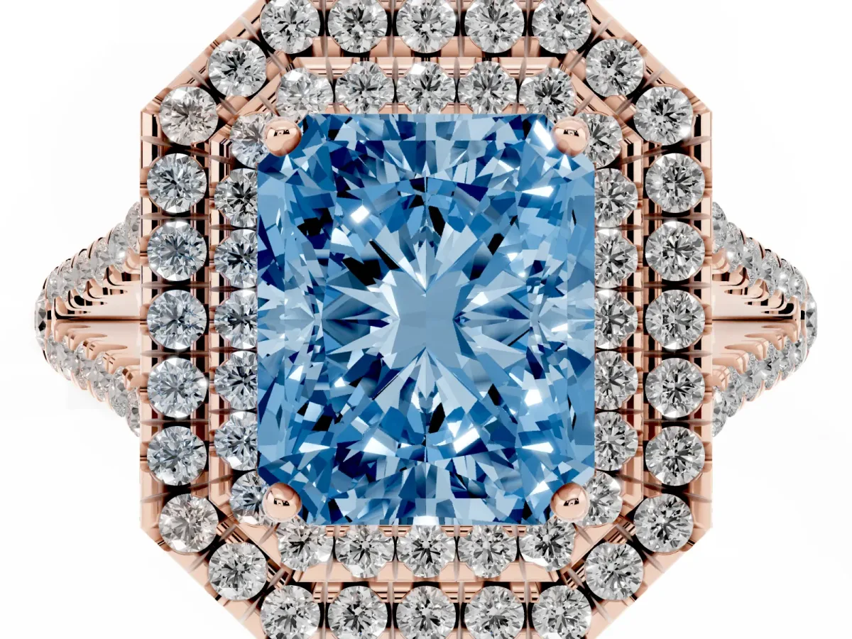 Fancy Blue Radiant Cut Diamond Double Halo Ring with Pavé Band and Prong Setting Rose gold
