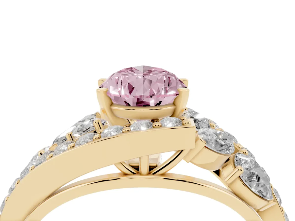 Fancy Pink Pear Cut Diamond Halo Ring with Marquise and Pavé Band in Prong Setting Yellow gold