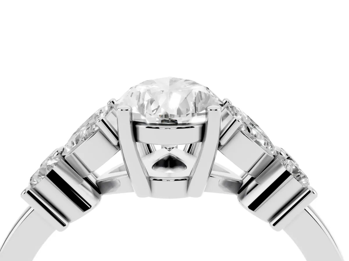 Pear Cut Diamond Floral Cluster Ring with Solitaire Band and Prong Setting Silver