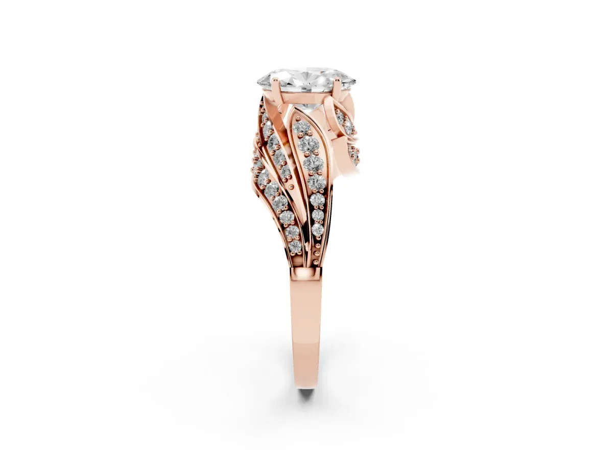 Oval Cut Diamond Solitaire Ring with Prong Setting and Twisted Pavé Band Rose gold