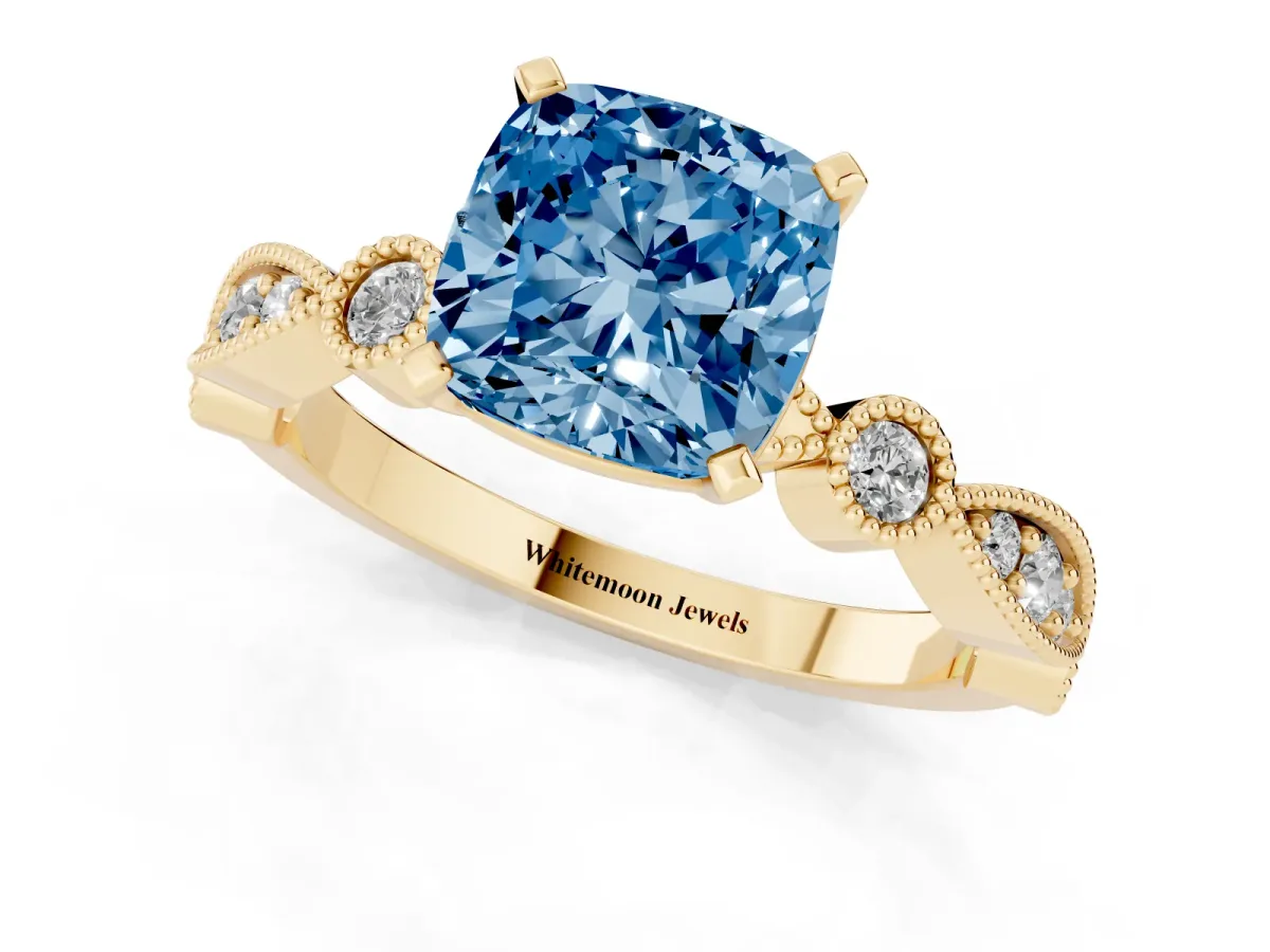 Fancy Blue Cushion Cut Milgrain Bezel Diamond Engagement Ring with Solitaire Prong Setting Yellow gold
