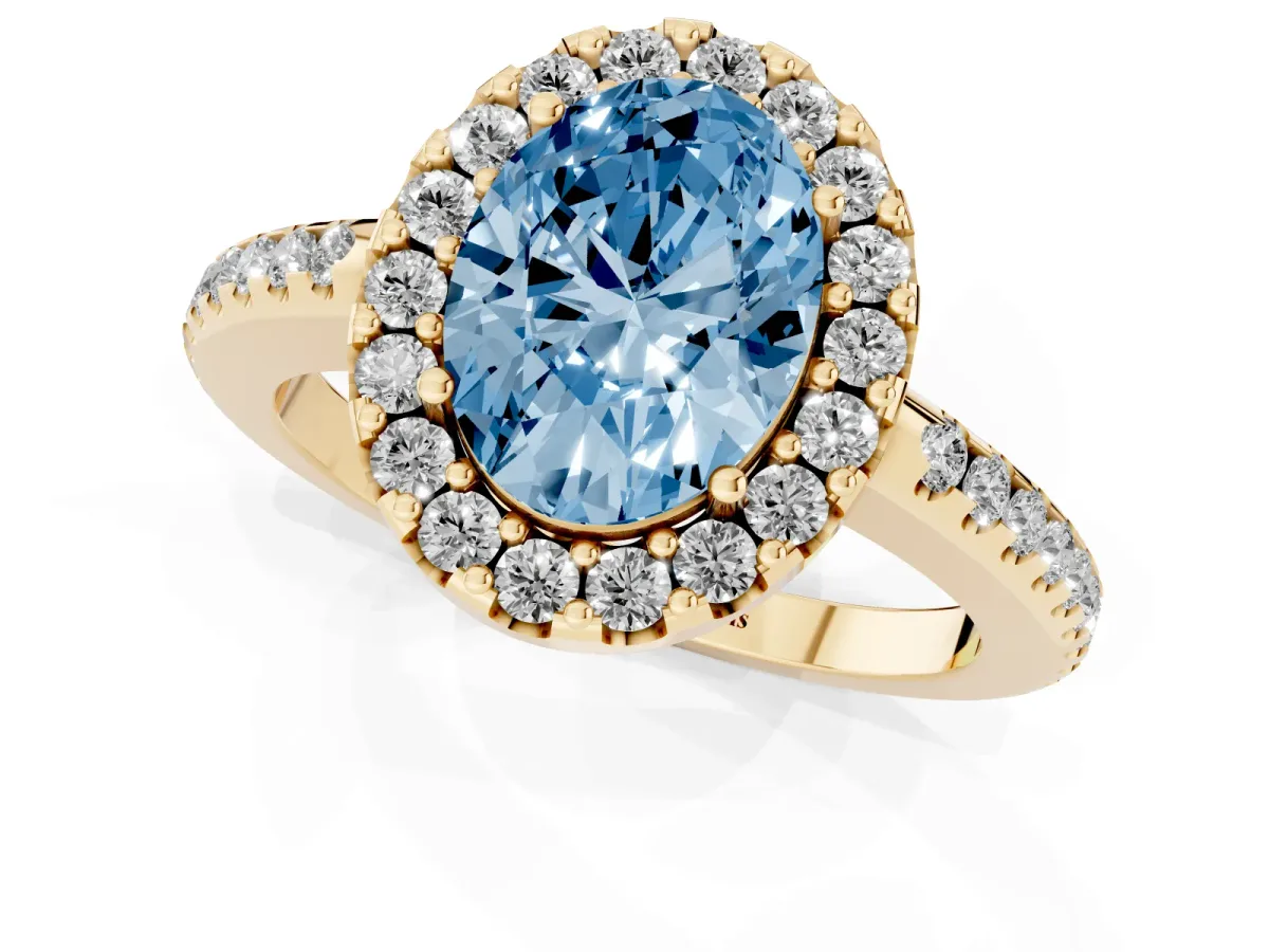Fancy Blue Oval Cut Diamond Pavé Halo Ring with Four-Prong Setting Yellow gold