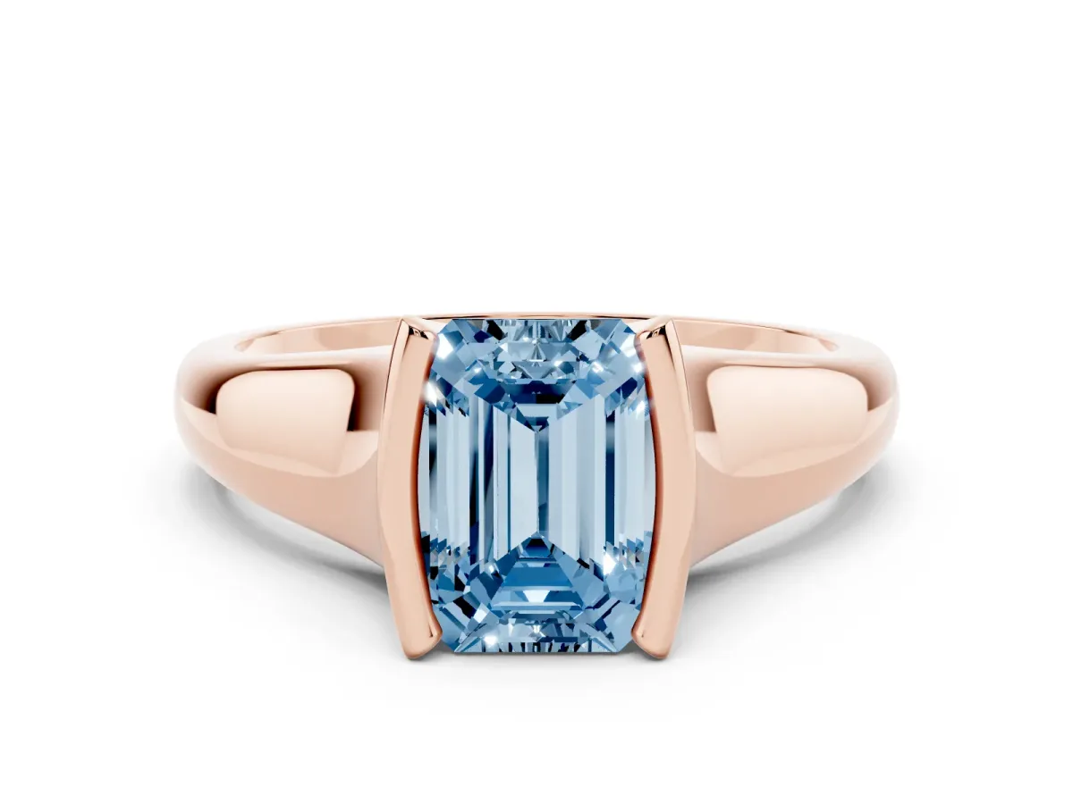Fancy Blue Emerald Cut Solitaire Tension Set Diamond Ring with Split Shank Band Rose gold