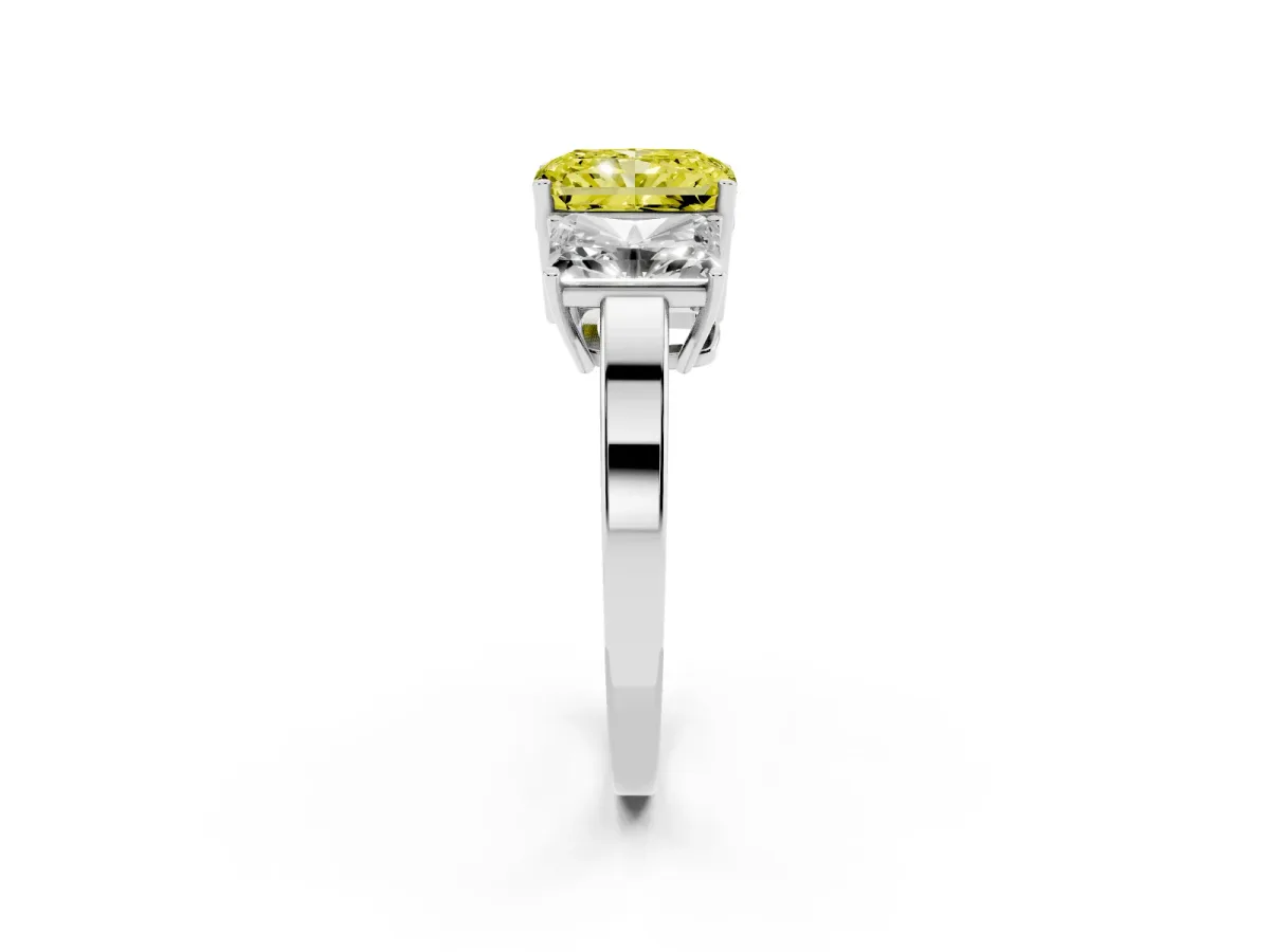 Fancy Yellow Three-Stone Radiant Cut Cut Diamond Engagement Ring with Flat Band and Four-Prong Setting Silver