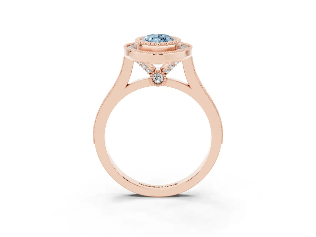 Fancy Blue Marquise Cut Diamond Halo Ring with Milgrain Frame and Pavé Band Rose gold