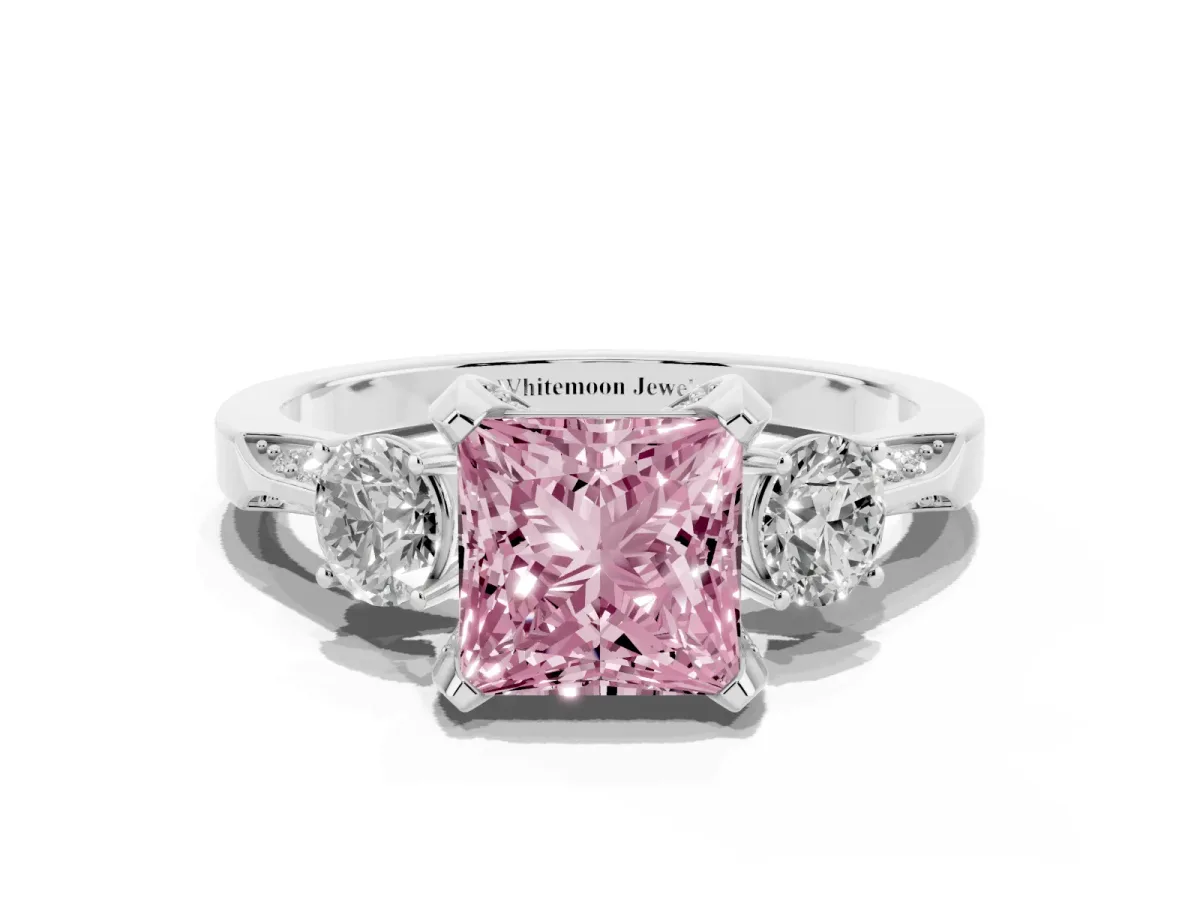 Fancy Pink Princess Cut Brilliant Three-Stone Diamond Ring with Pavé Band and Four-Prong Setting Silver