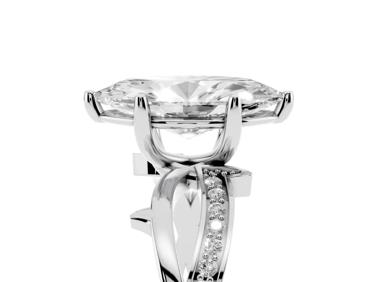 Marquise Cut Solitaire Twist Band with Pavé Accents and Four-Prong Setting Silver