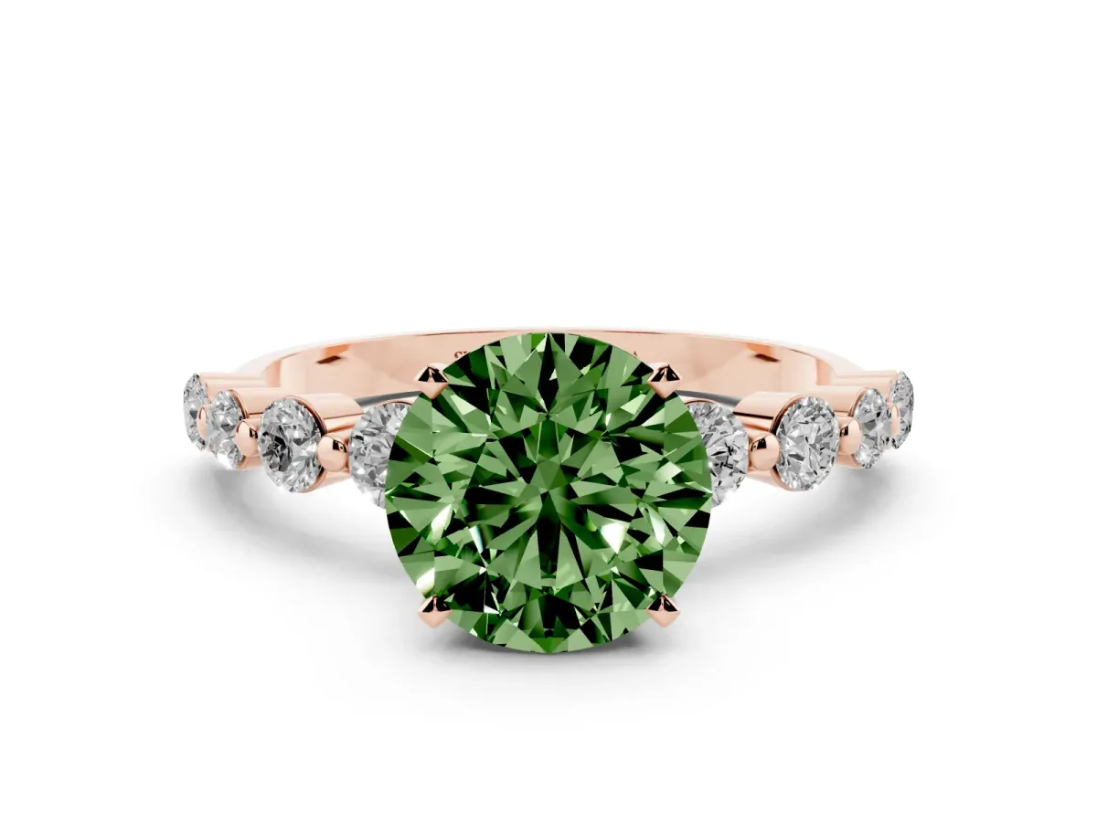 Fancy Green Round Cut Solitaire Diamond Ring with Pave Band and Four-Prong Setting Rose gold