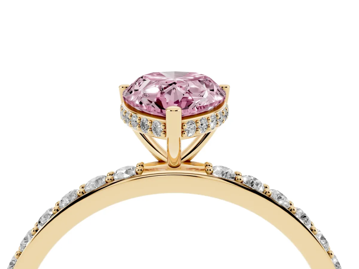 Fancy Pink Pear Cut Diamond Solitaire Ring with Pavé Band and Hidden Halo Yellow gold