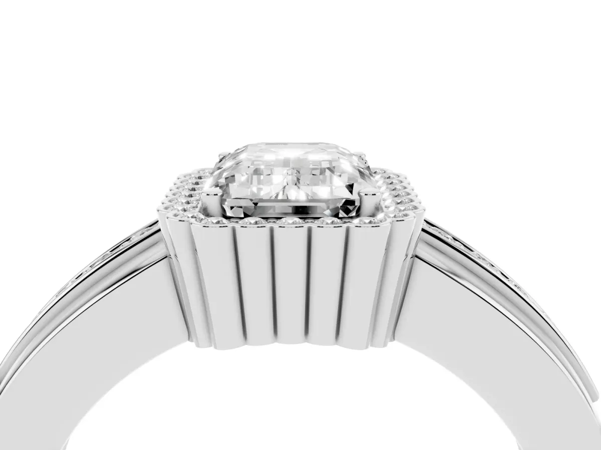 Emerald Cut Cut Halo Pave Band Four-Prong Ring Silver