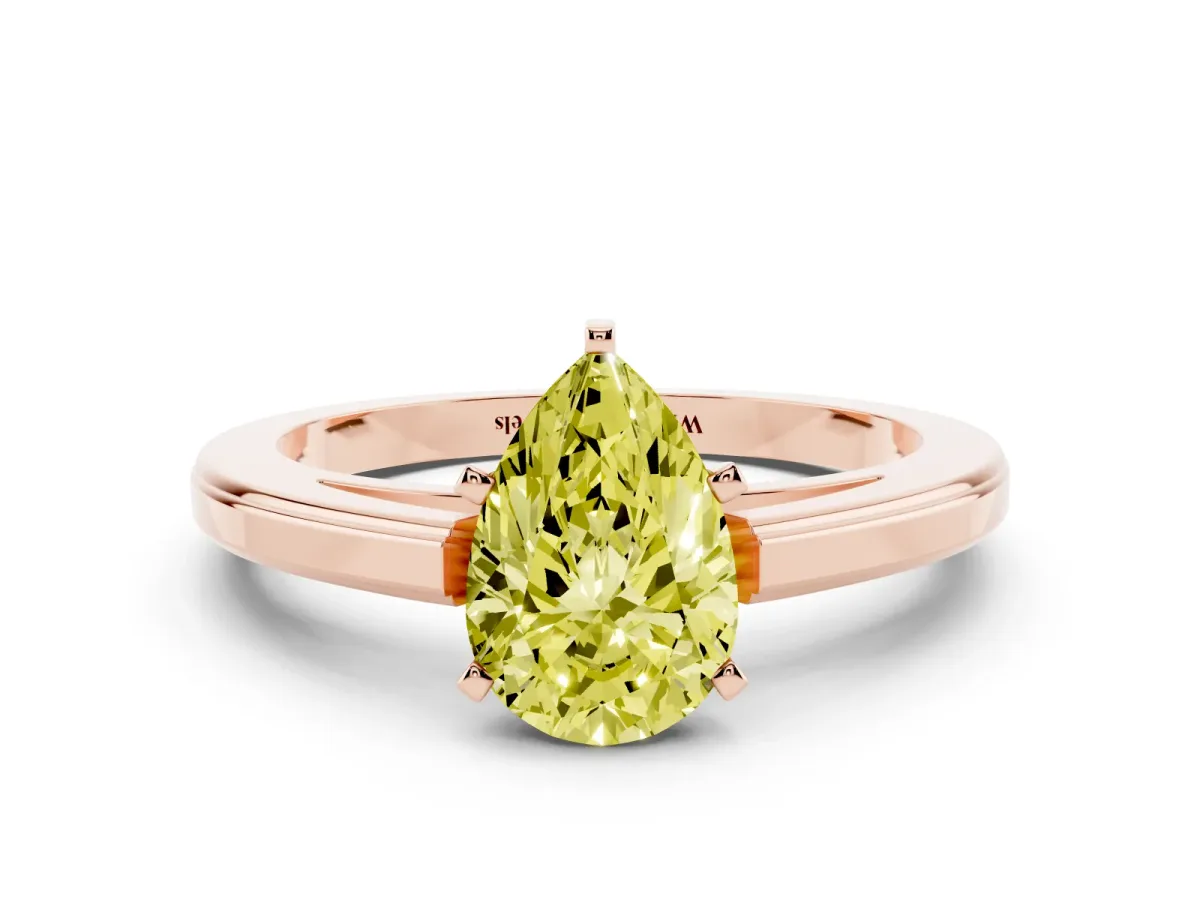 Fancy Yellow Pear Cut Solitaire Diamond Ring with Four-Prong Setting and Classic Band Rose gold