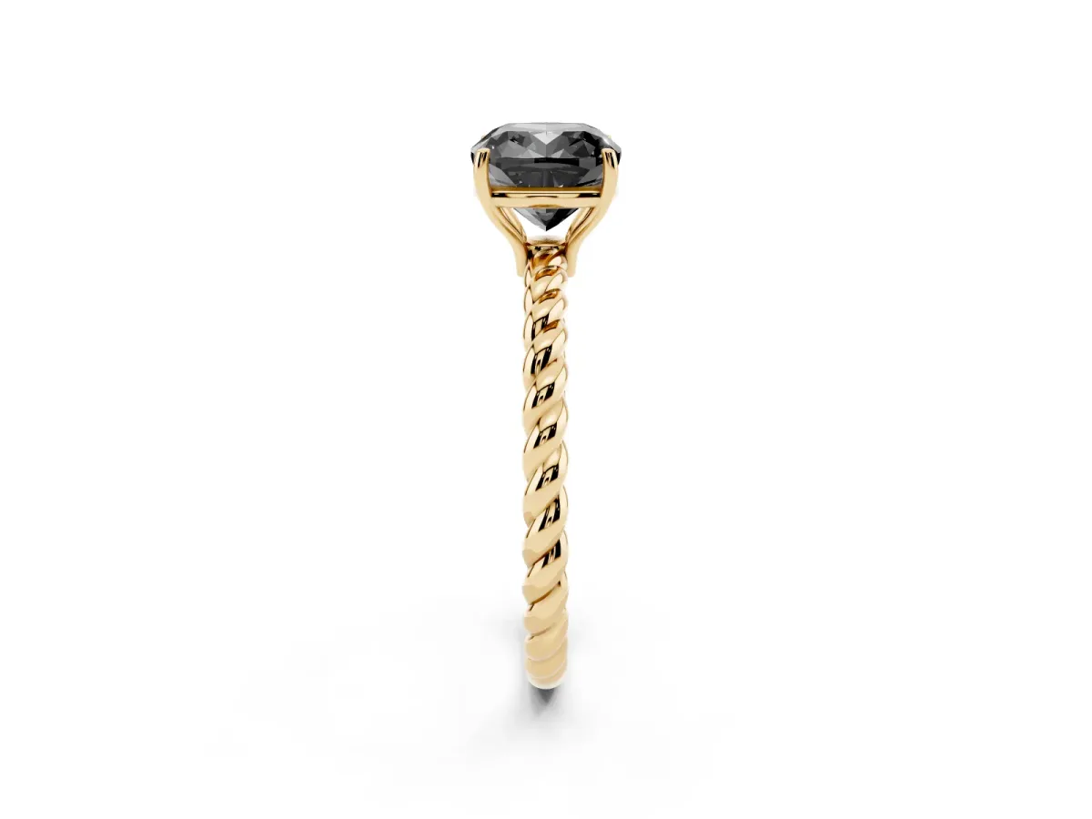 Fancy Black Cushion Cut Solitaire Twisted Band 4-Prong Ring Yellow gold