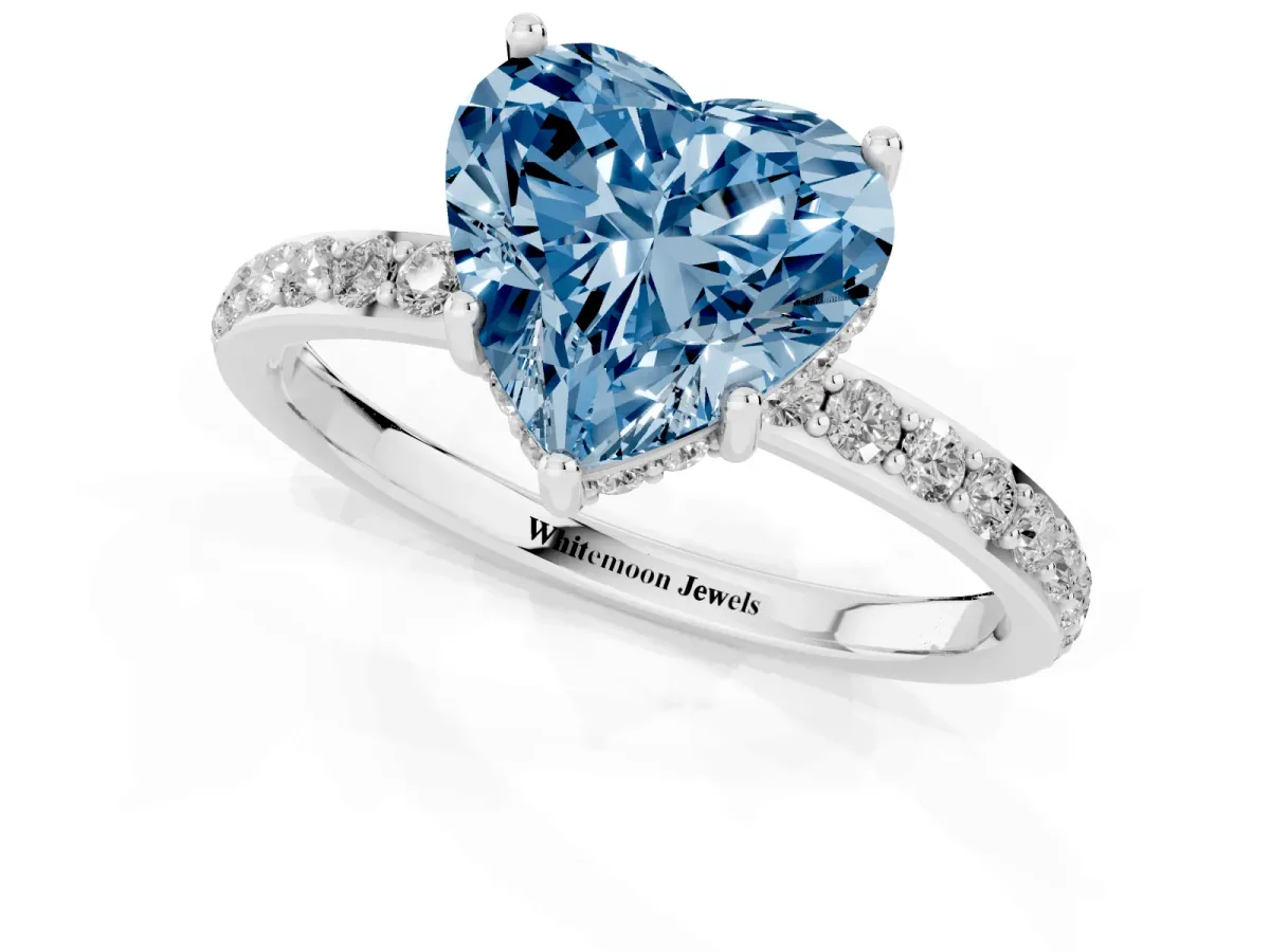 Fancy Blue Heart Cut Diamond Solitaire Ring with Pavé Band and Hidden Halo Platinum