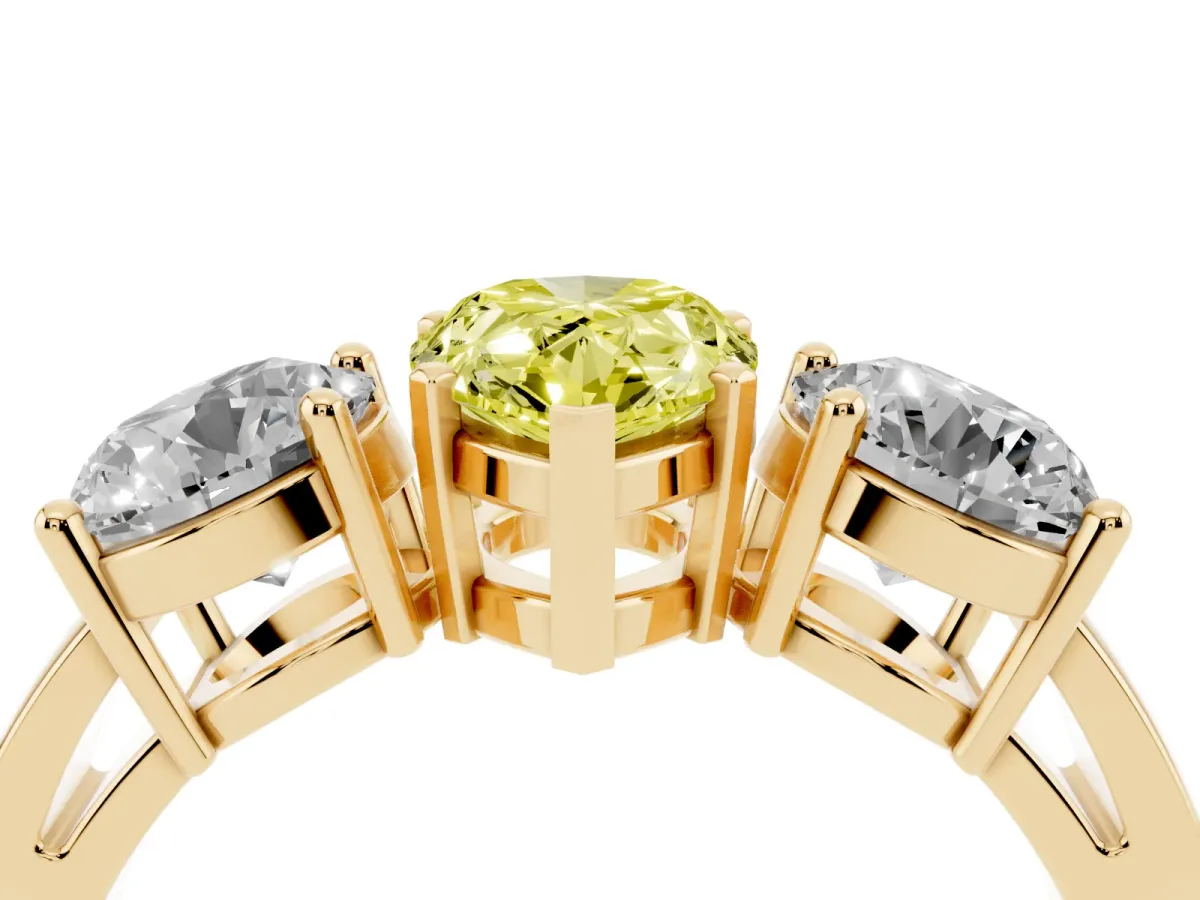 Fancy Yellow Three-Stone Pear Cut Diamond Ring with Round Side Stones, Classic Band, and Four-Prong Setting Yellow gold